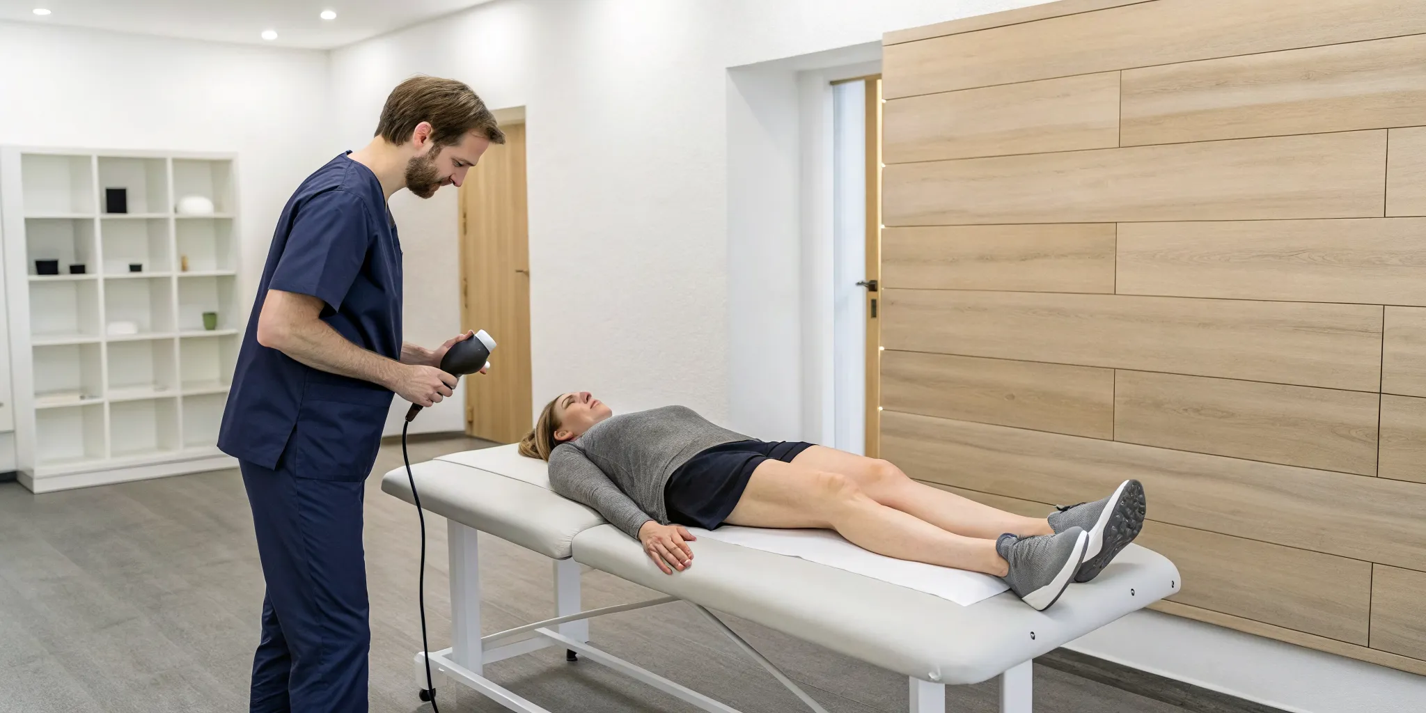 Therapist using a device for shockwave therapy for hip pain on a patient.