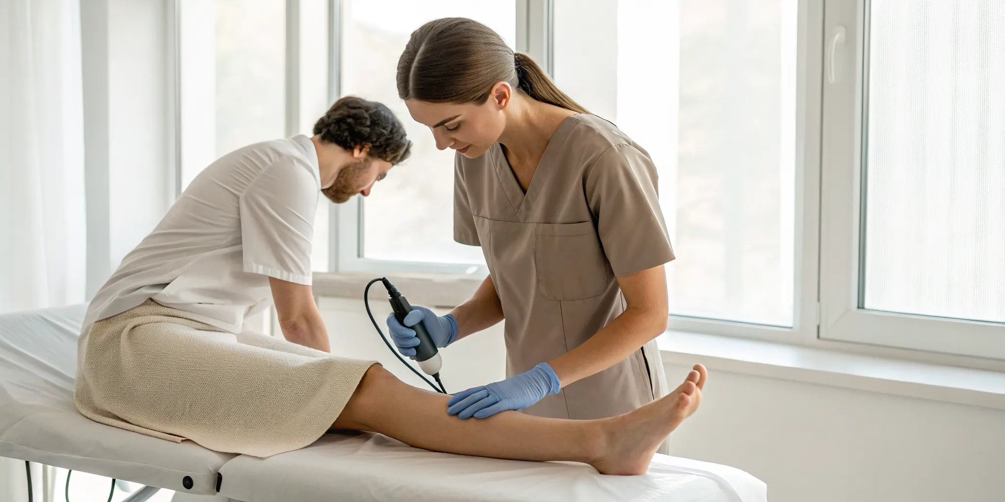 Shockwave therapy on a patient's leg to improve mobility.