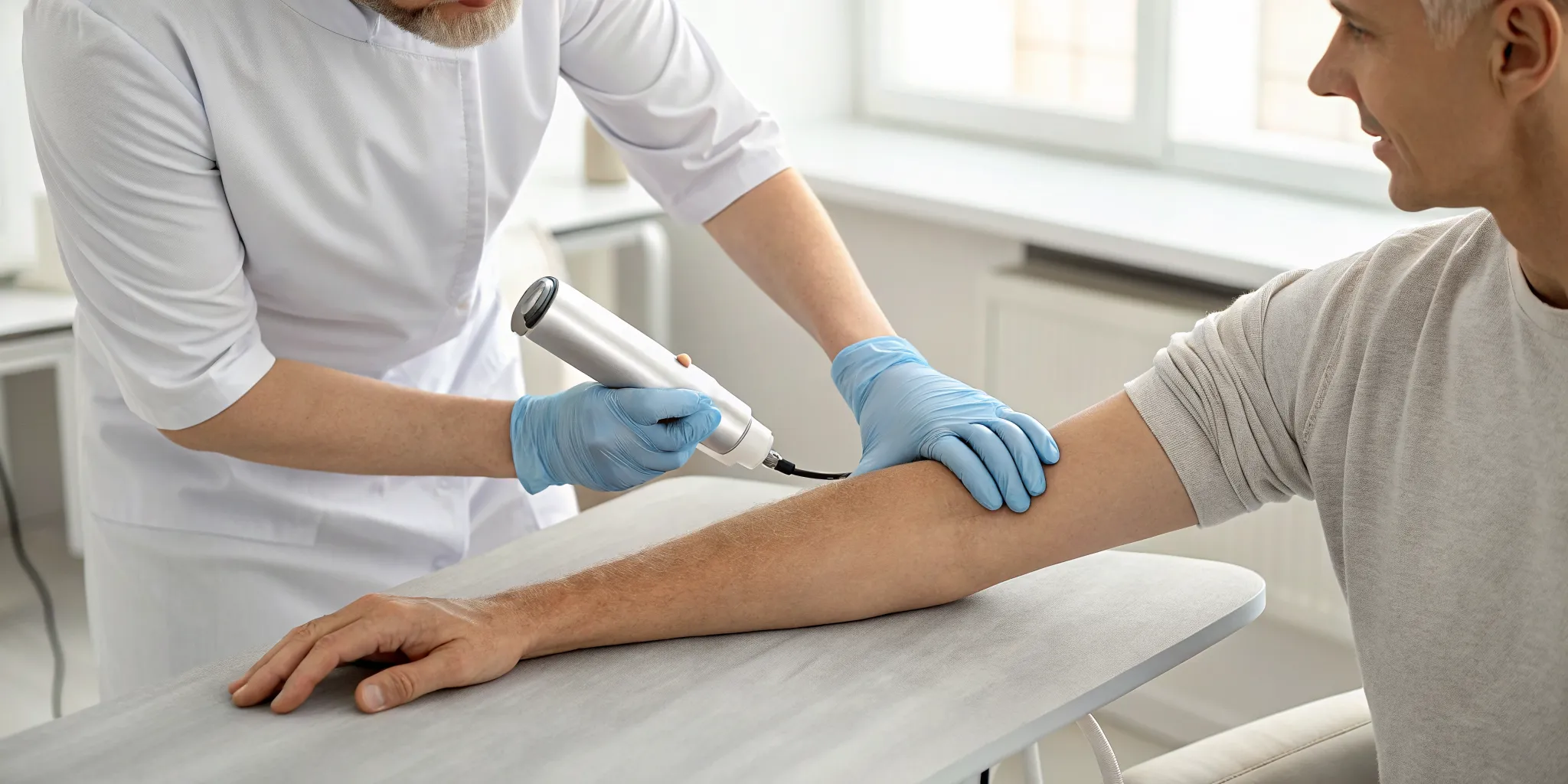 Patient receiving SoftWave therapy for tendonitis on the arm.