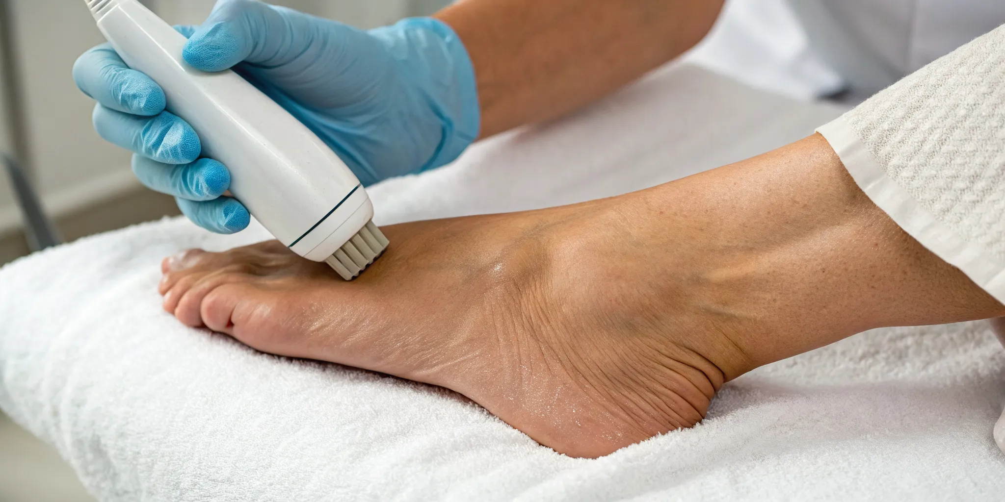 SoftWave therapy device treating a patient's foot pain.
