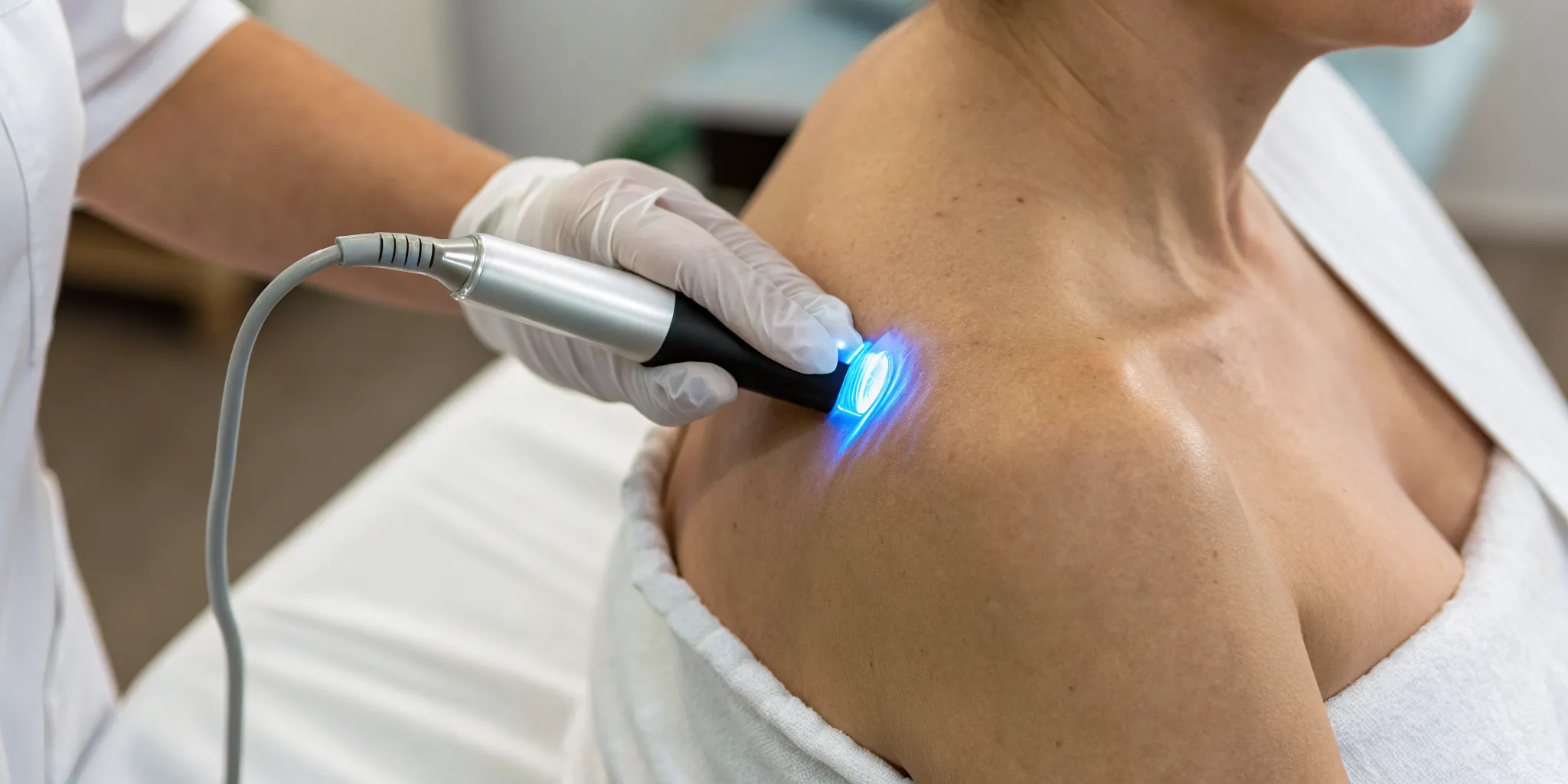 A patient receiving SoftWave therapy for gentle shoulder pain relief.