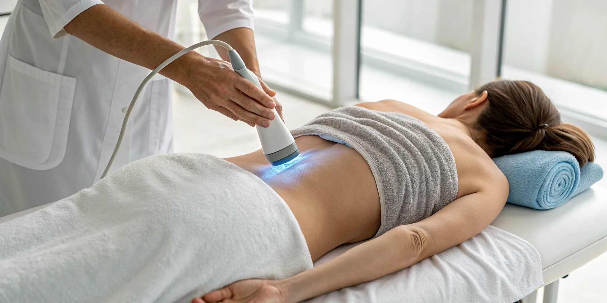 SoftWave therapy for back pain with a device applied to the lower back.