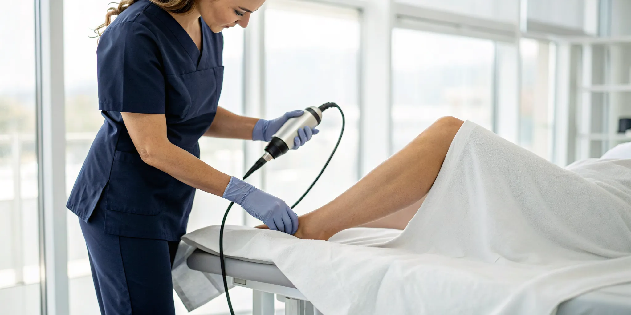 Clinician administering SoftWave therapy for knee pain on a patient.
