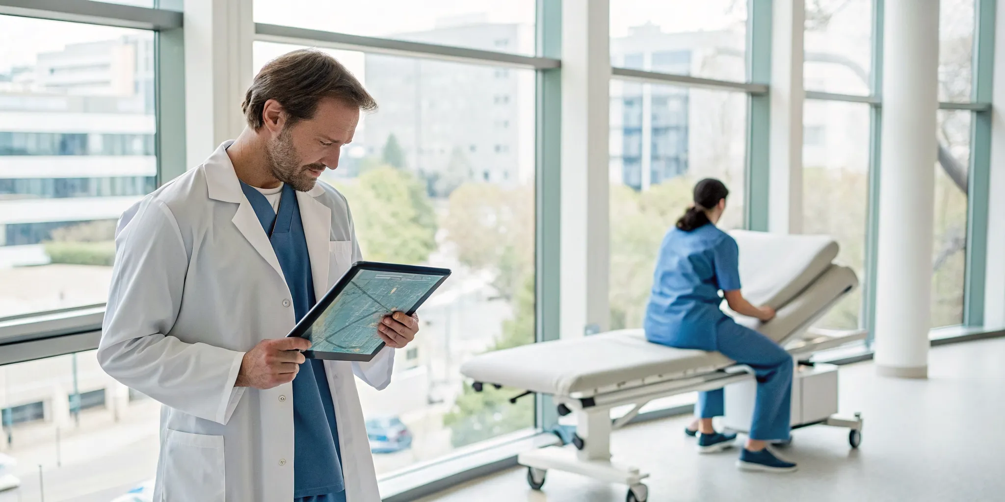 A SoftWave therapy provider near me in a modern clinic holding a tablet.