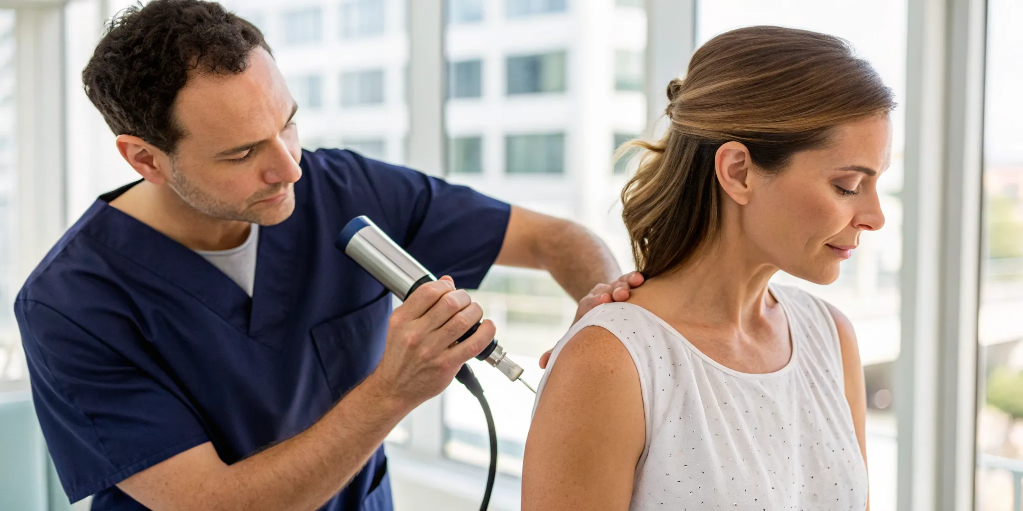 A therapist applies radial shockwave therapy to a patient's shoulder in Tampa.