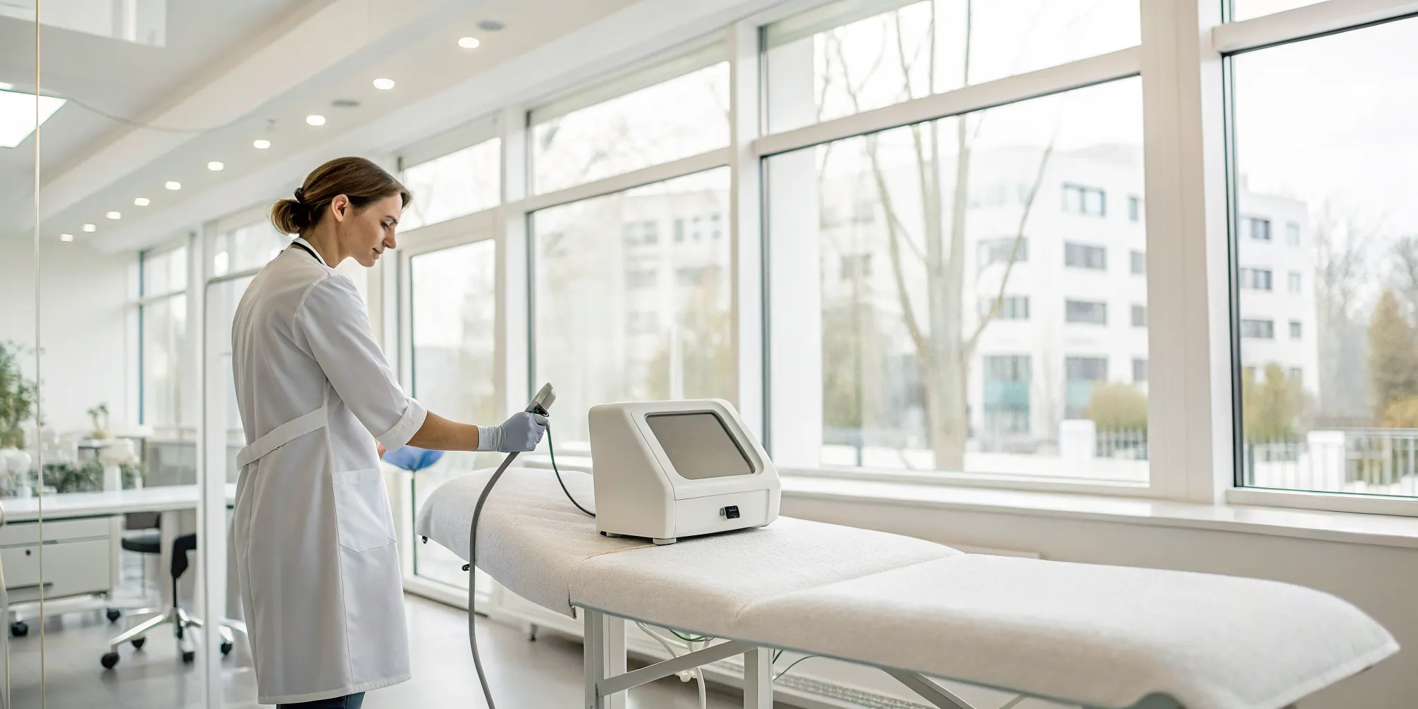 A shockwave therapy doctor near me prepares the device for a patient's session.