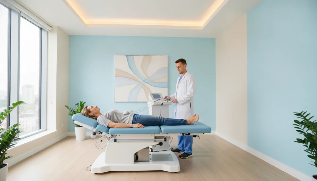 Patient on a spinal decompression table in a modern chiropractic clinic