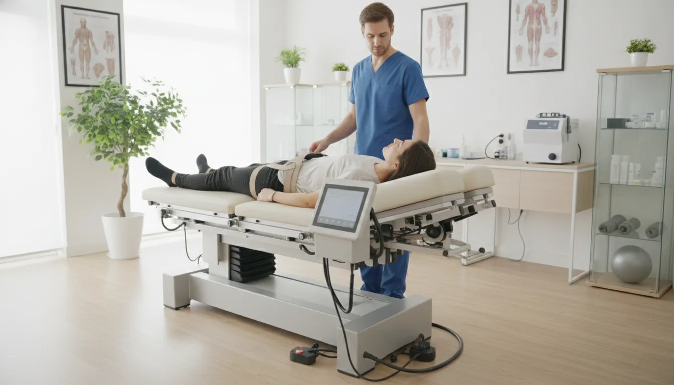 Modern computerized spinal decompression table in a clean clinical setting