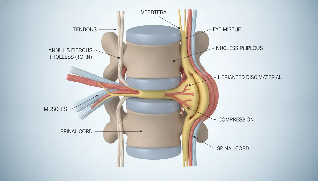 Medical illustration of a herniated spinal disc with nerve root compression