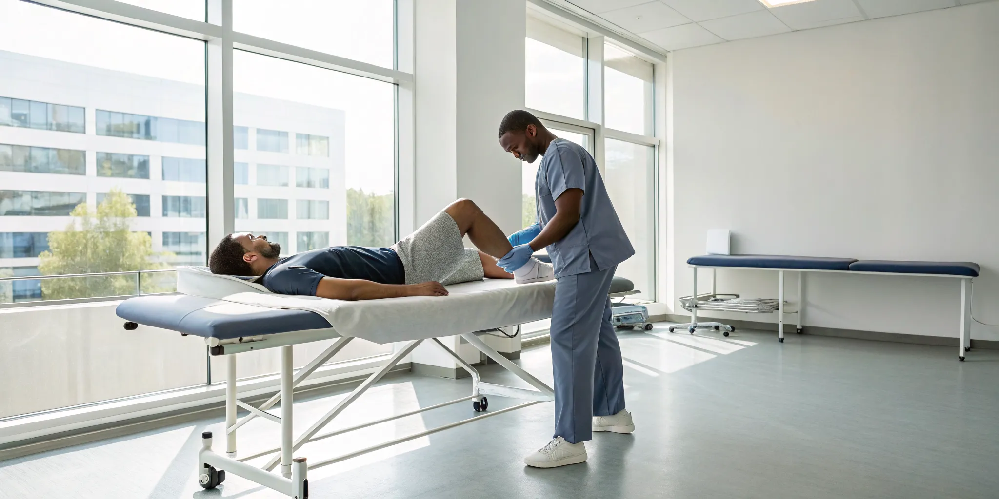 SoftWave therapy for a sports injury on an athlete's leg.