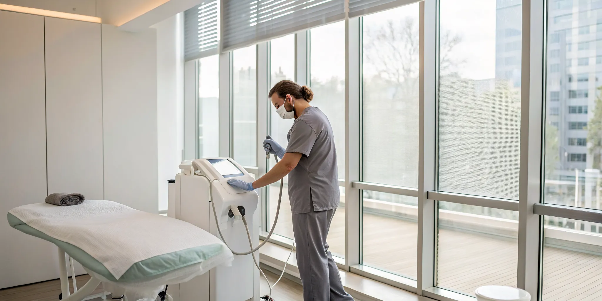 Acoustic wave therapy device being prepared by a specialist in a modern clinic.