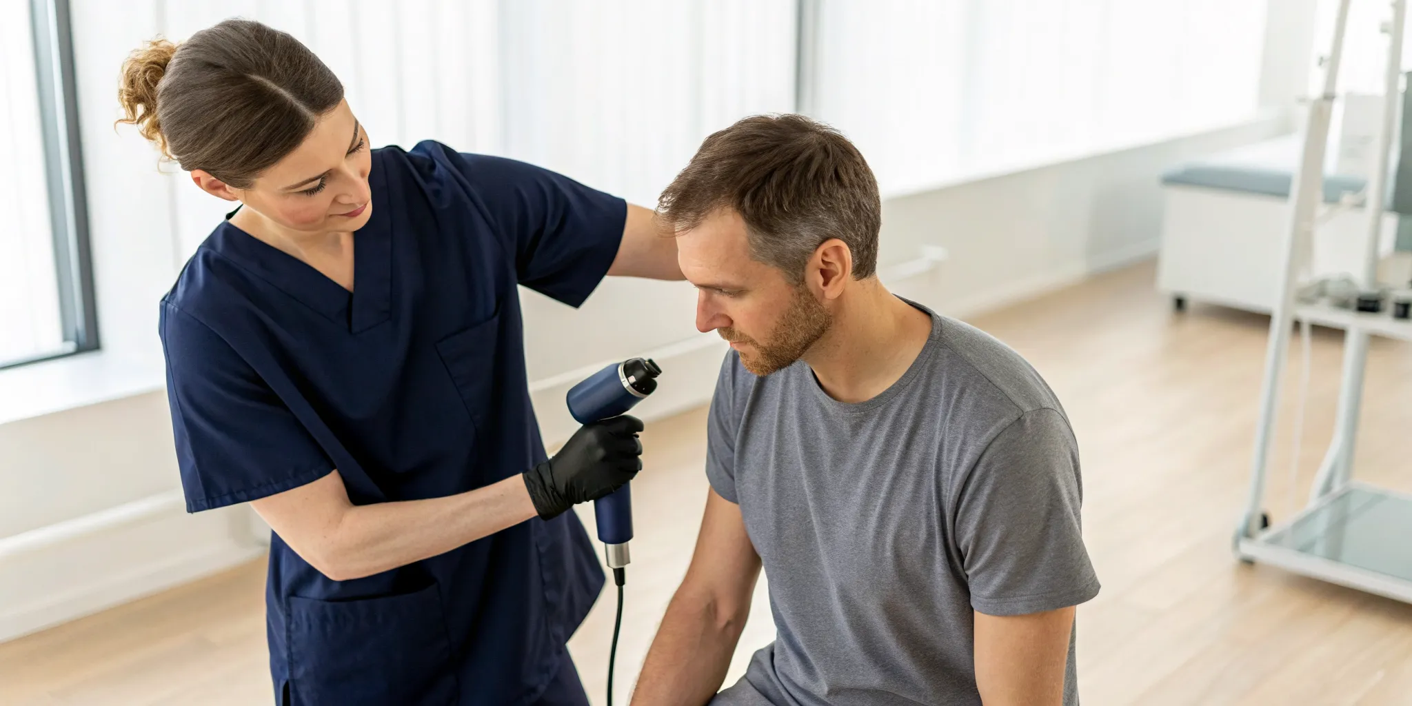A patient receives shockwave physical therapy on their shoulder for pain relief.