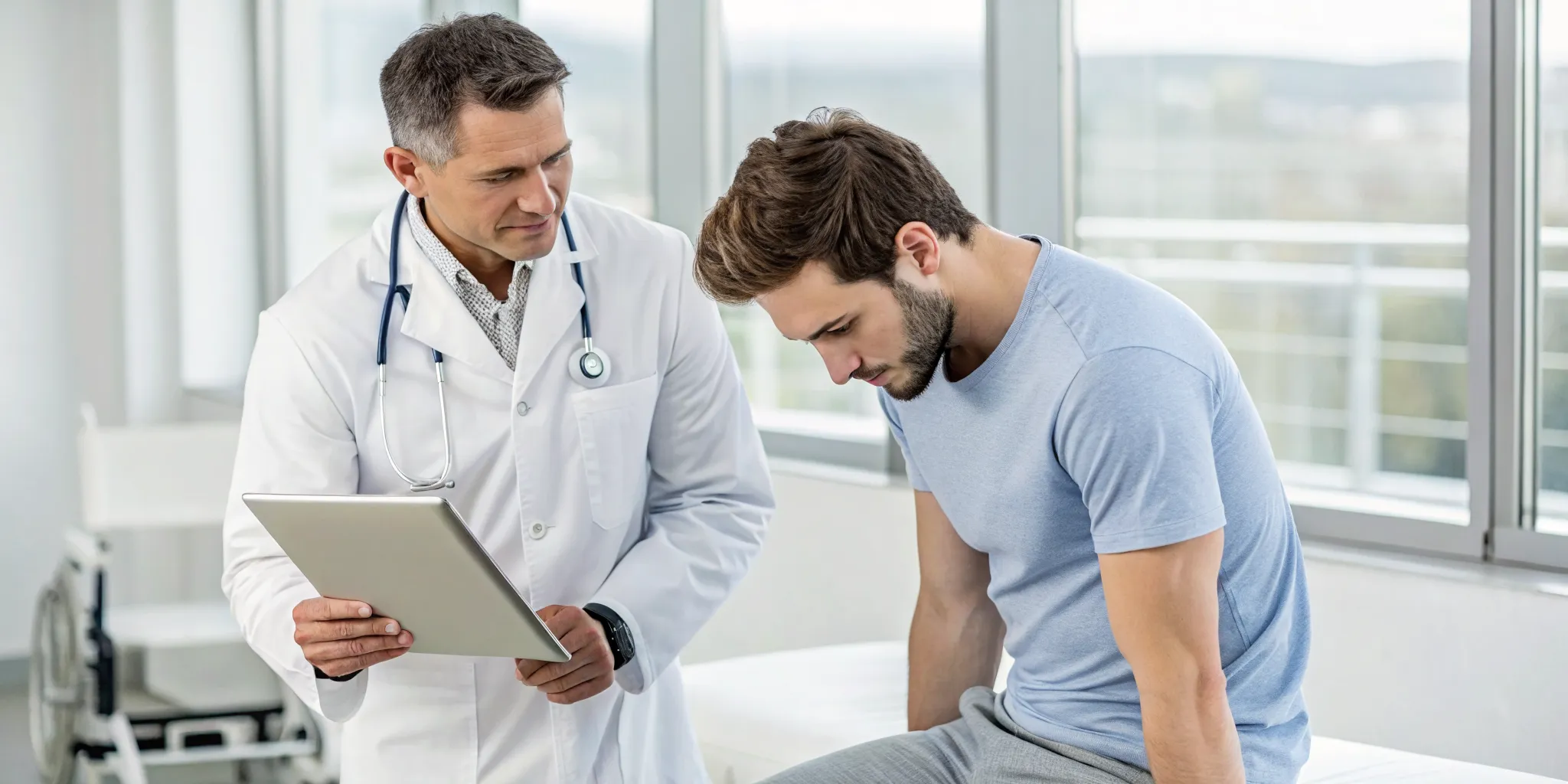 Chiropractor discusses shockwave therapy with a patient in a clinic near me.