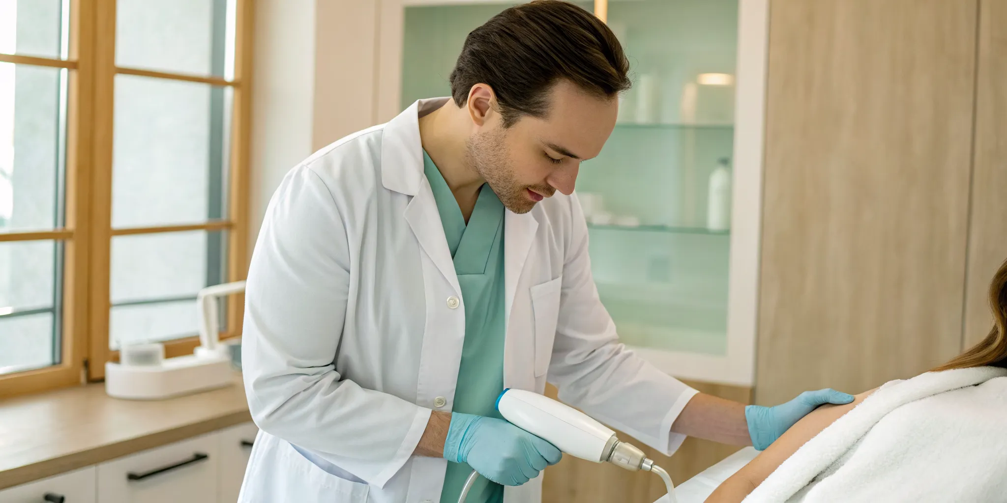 Patient receiving focused shockwave therapy for shoulder pain at a local clinic.