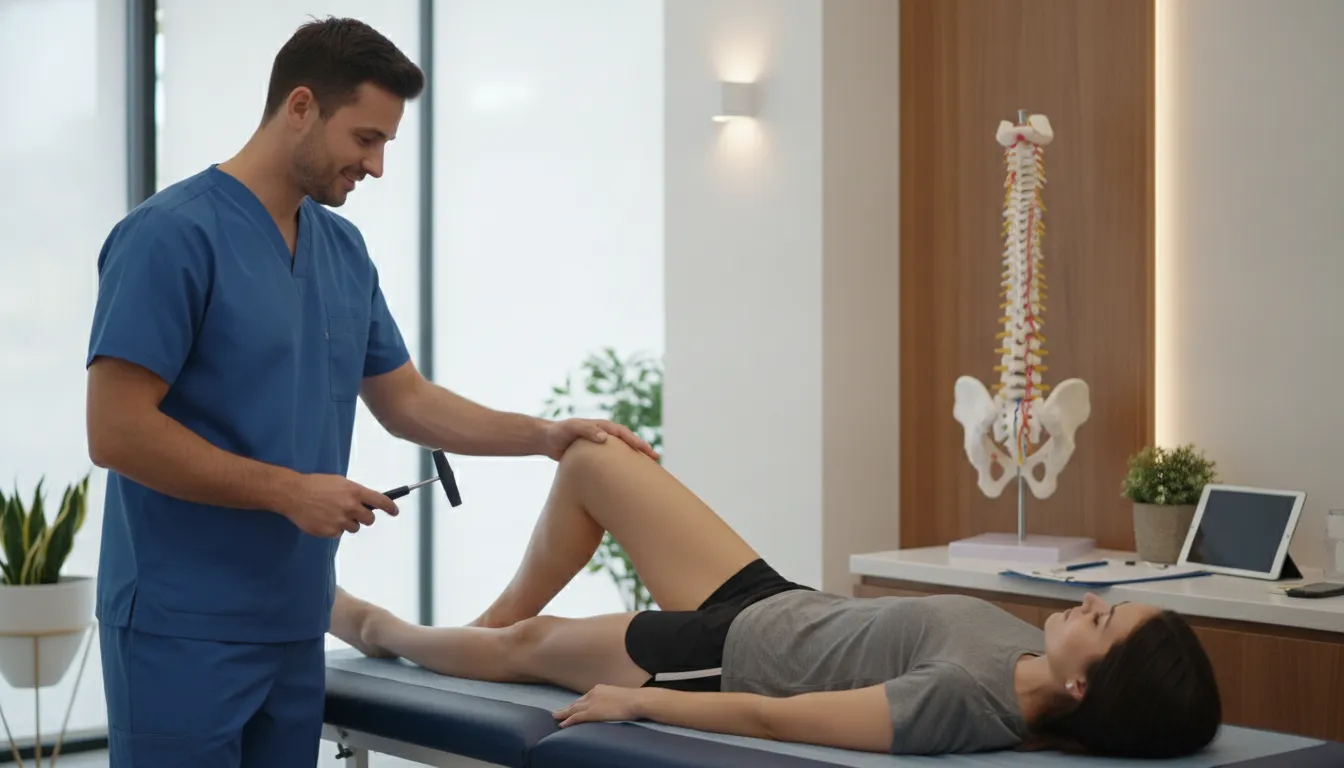Chiropractor performing a sciatica evaluation on a patient in a modern clinic