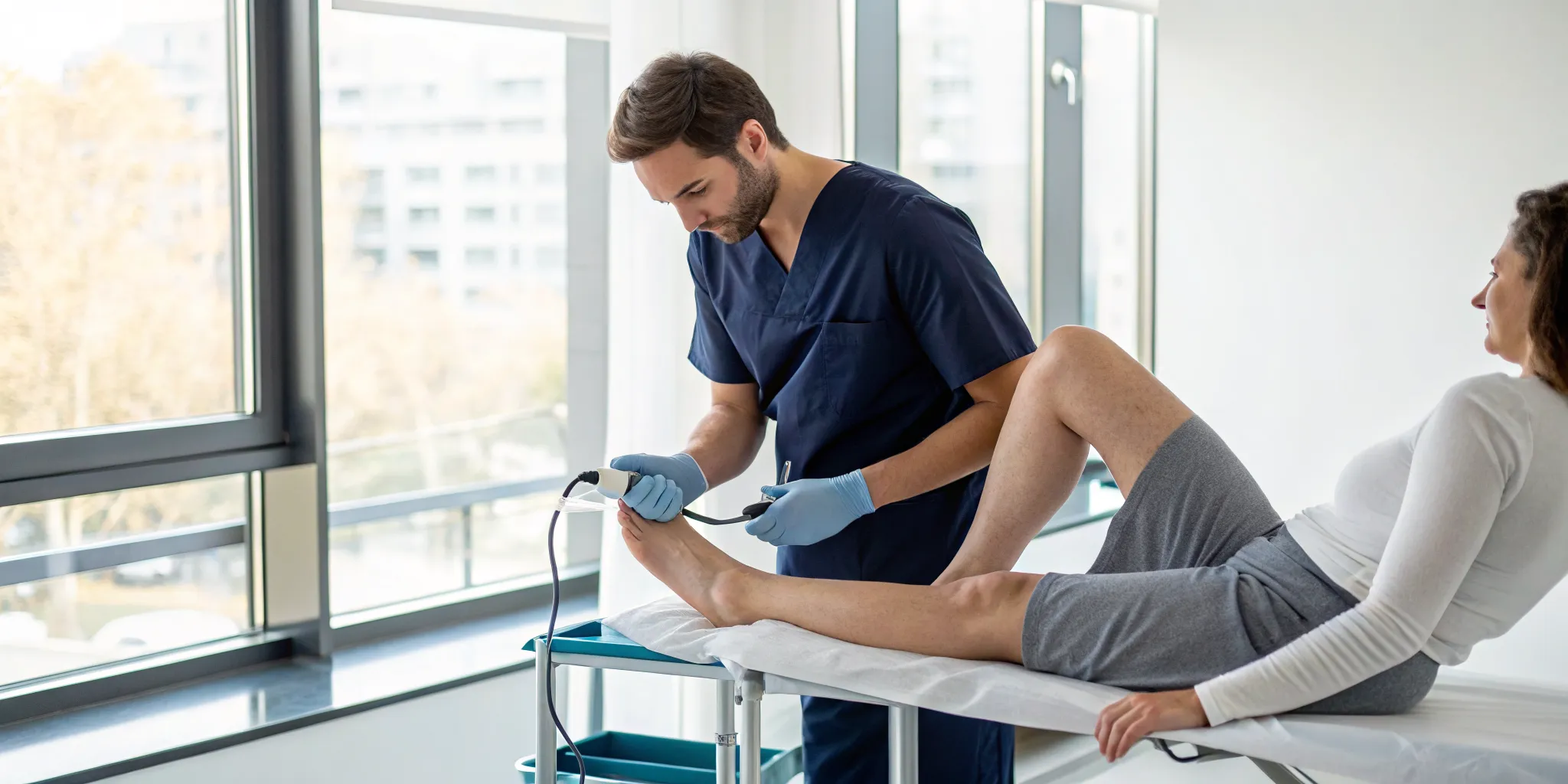 Shockwave therapy session for foot pain at a local orthopedic clinic.