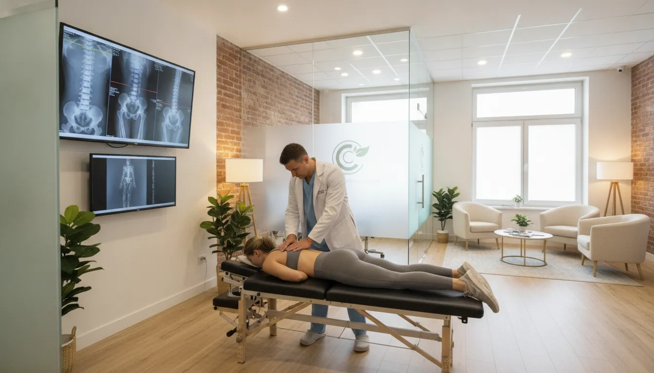 Chiropractic adjustment in a modern clinic with digital X-ray analysis screens
