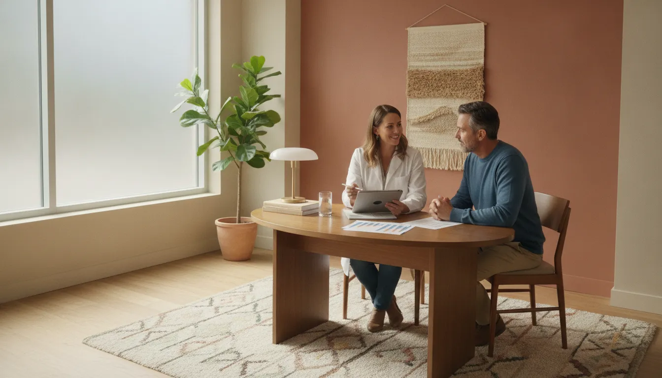 Medical professional reviewing lab results with a patient in a modern wellness clinic
