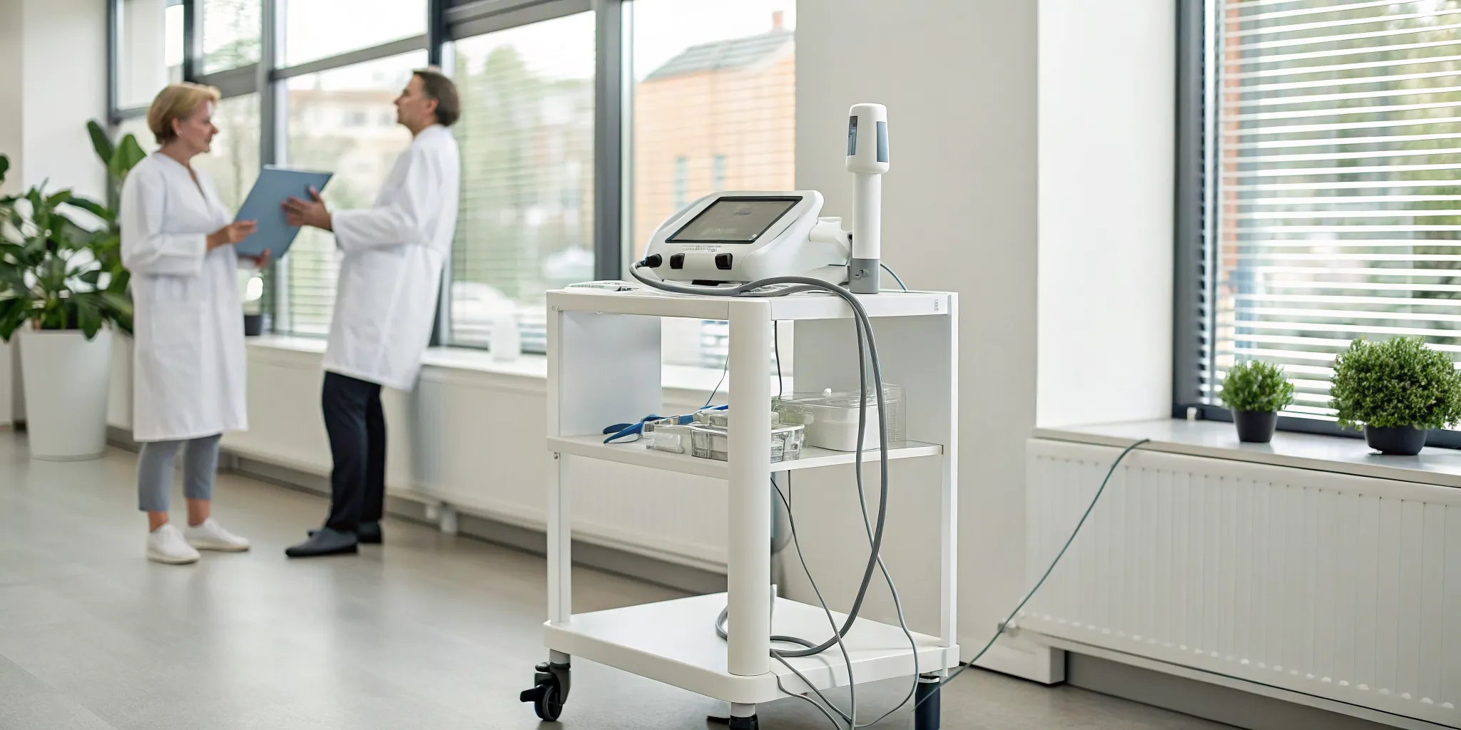 Doctor reviewing a shockwave therapy device on a medical cart in a clinic.