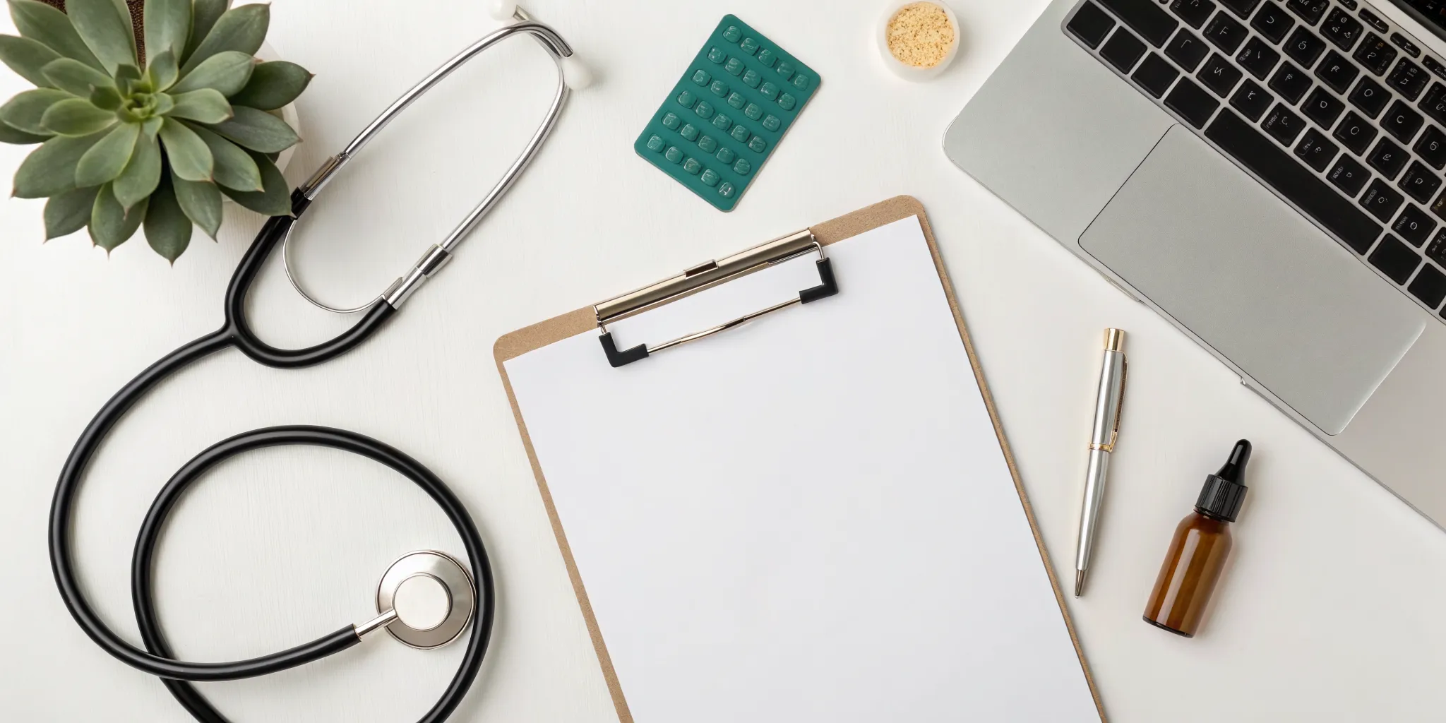 Desk with supplements and a stethoscope used to determine if holistic medicine is HSA eligible.