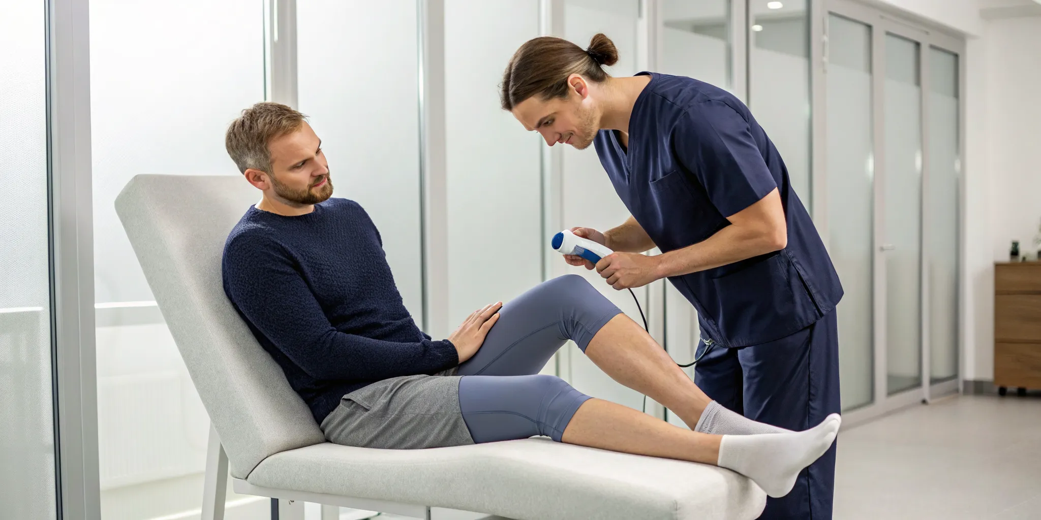 Healthcare provider applying SoftWave orthopedic treatment to a patient's knee for pain relief.