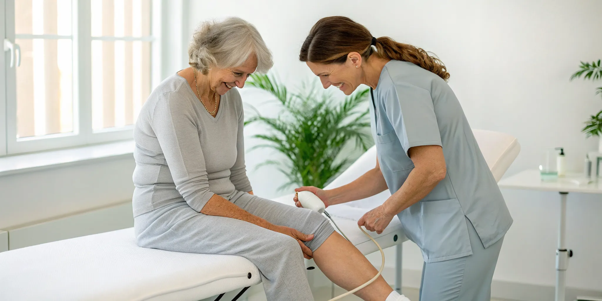 SoftWave therapy for inflammation being applied to a patient's knee.