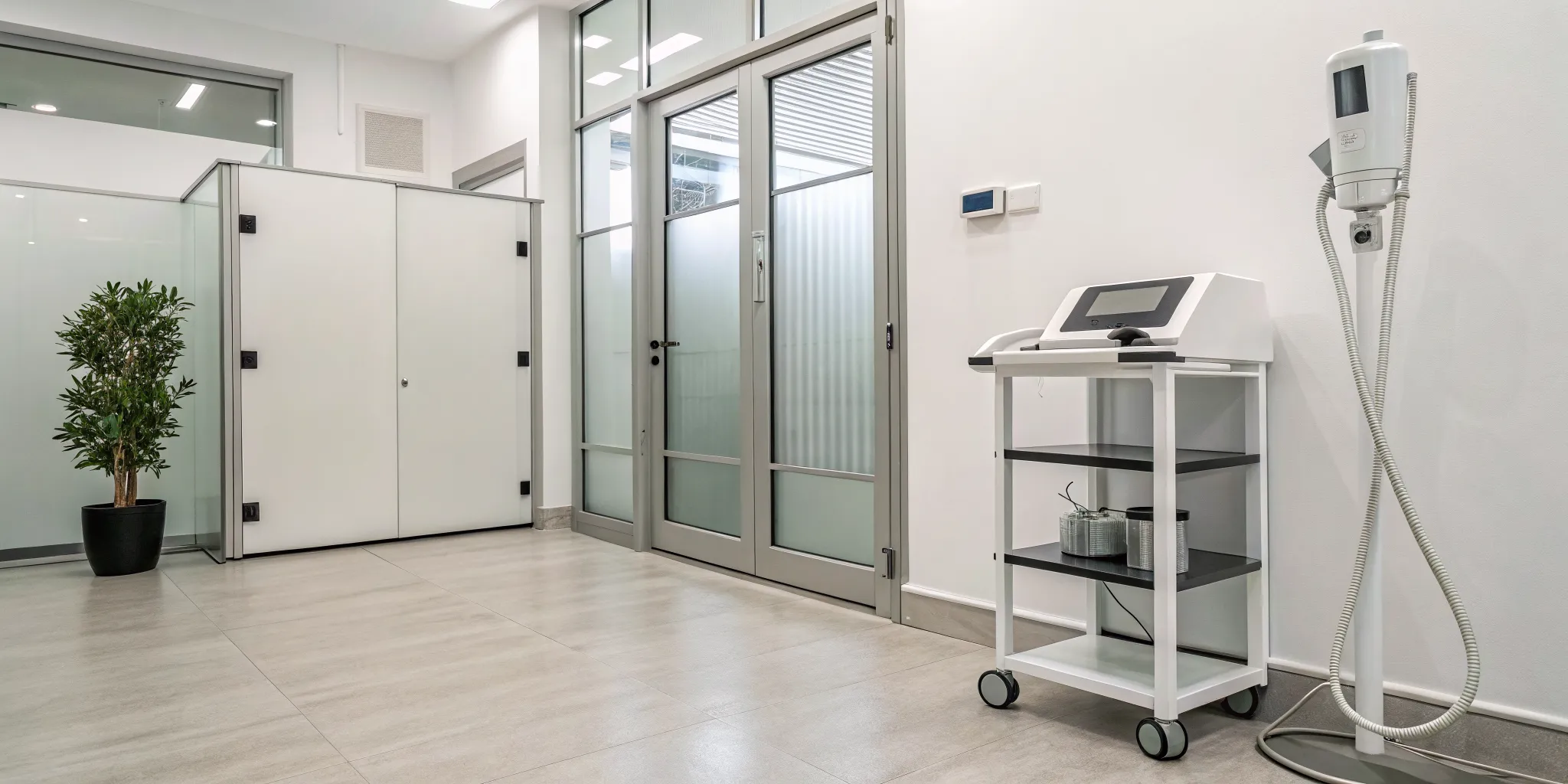 A professional true shockwave therapy device on a cart in a clinic setting.