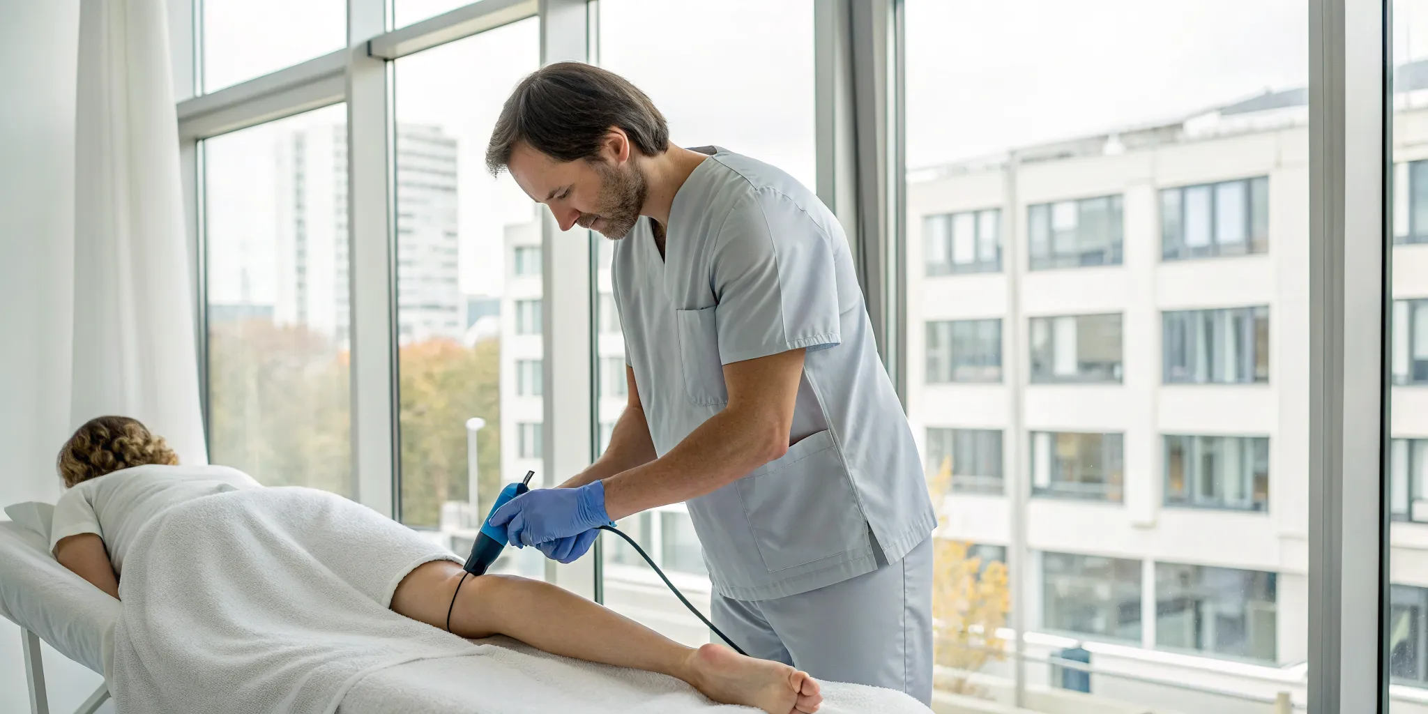 Physiotherapist performing real shockwave therapy treatment on a patient's leg.