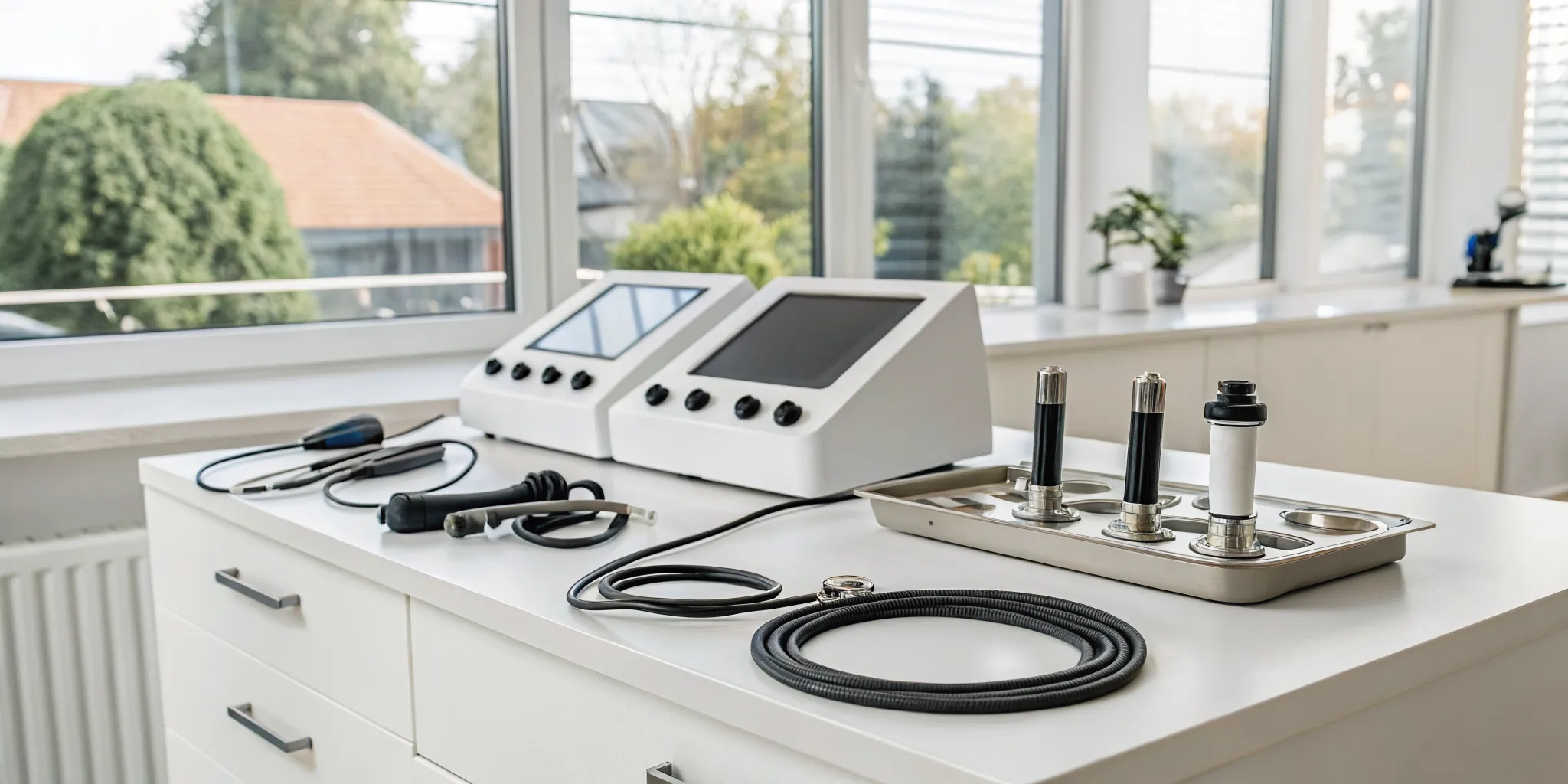A chiropractor's shockwave therapy device options displayed on a counter in a clinic.
