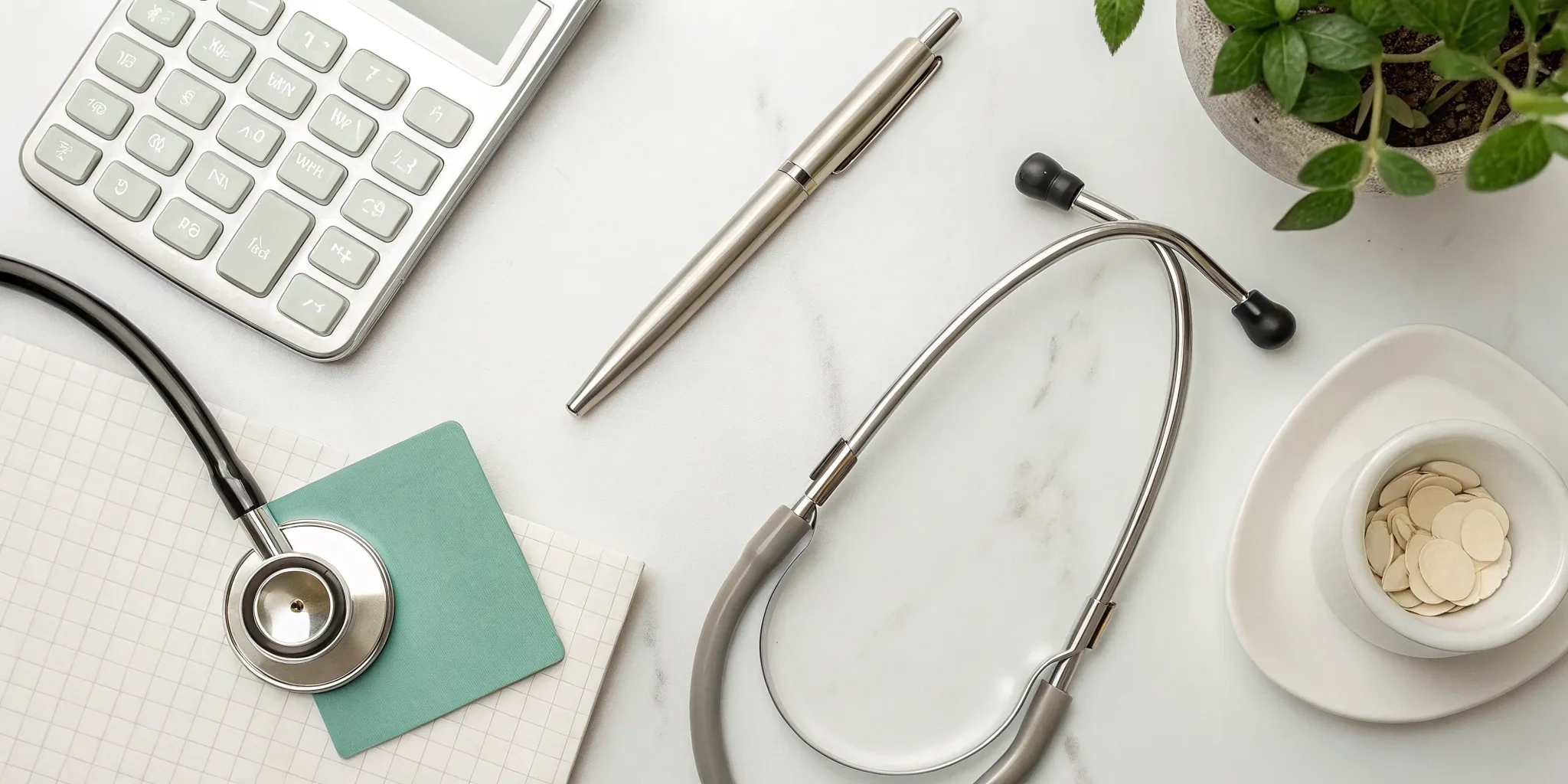 Calculator and supplements on a desk to determine if you can use an FSA for holistic medicine.