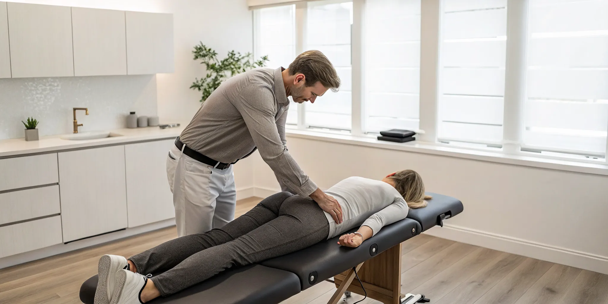 A chiropractor performs an HSA eligible spinal adjustment on a patient's back.