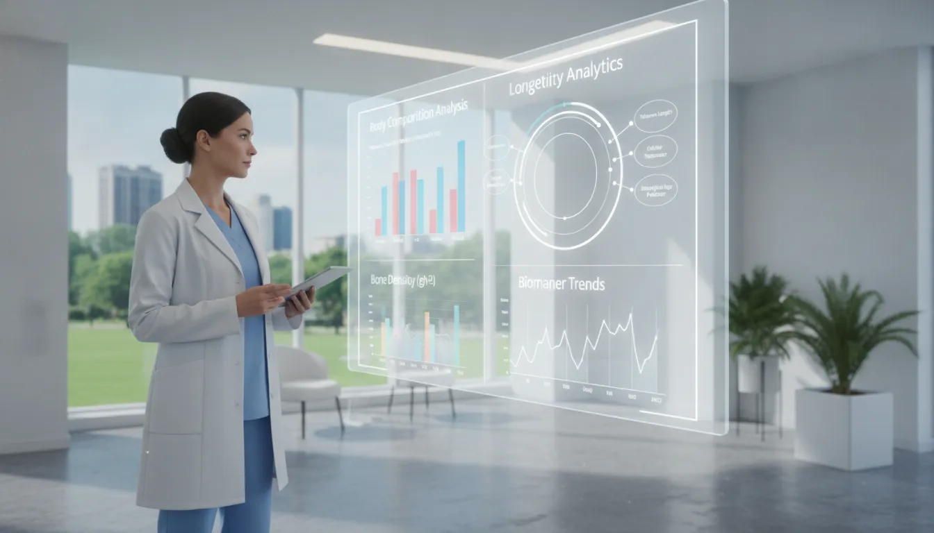 Healthcare professional reviewing diagnostic biomarker data on a digital display in a modern wellness clinic