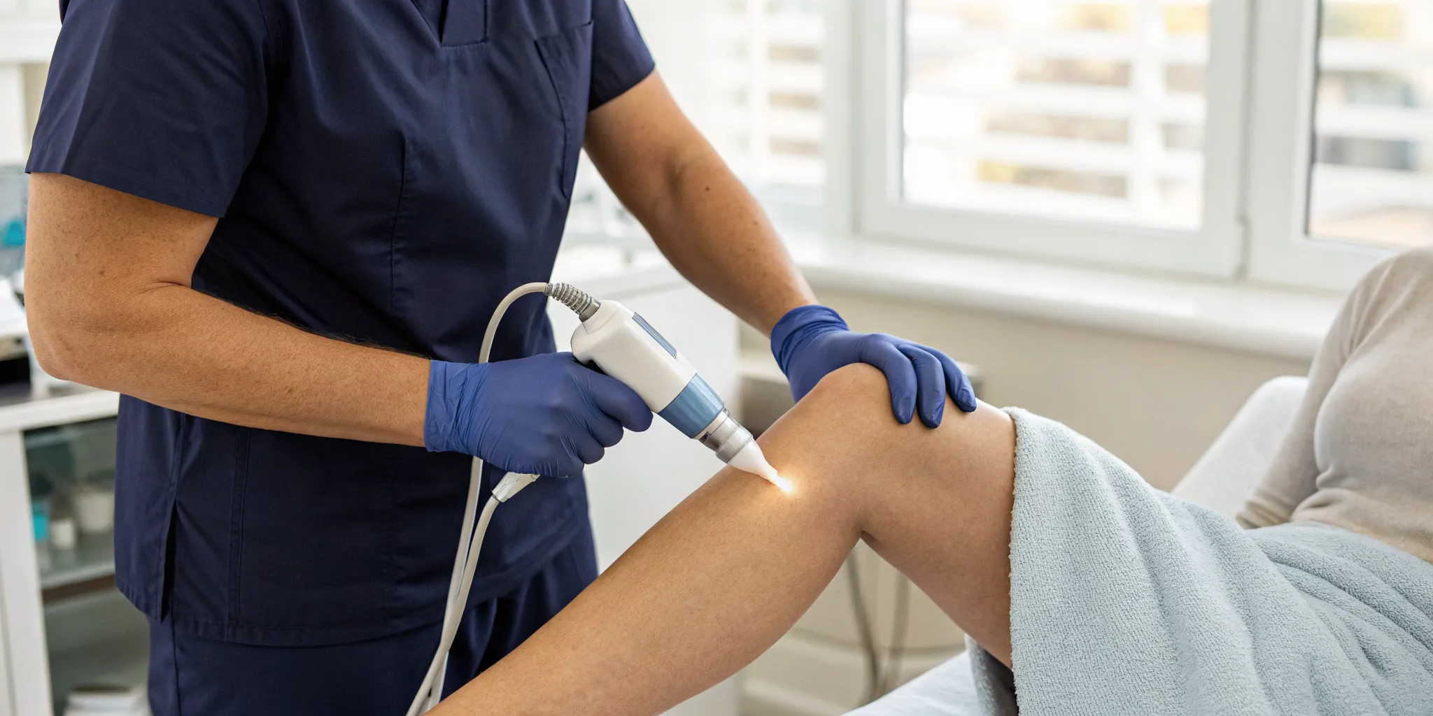 SoftWave TRT device treating a patient's knee for pain and tissue regeneration.