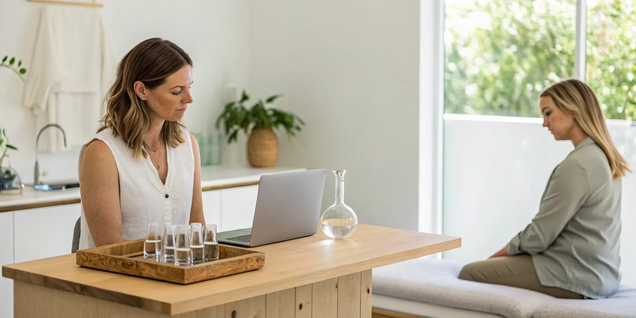Two women in a modern clinic discussing alternative medicine that accepts FSA.