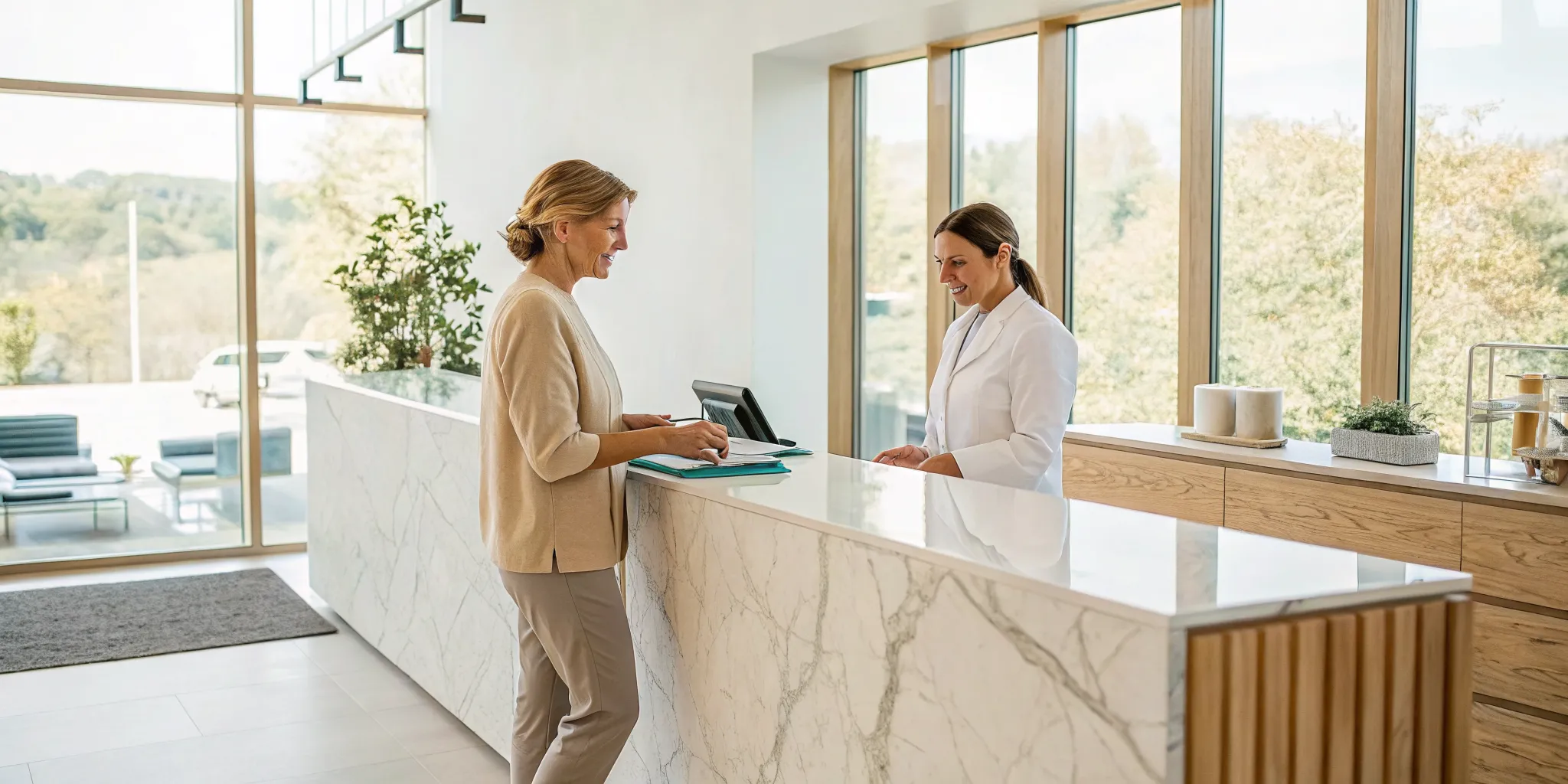 Woman checking in at an alternative medicine clinic that accepts HSA.
