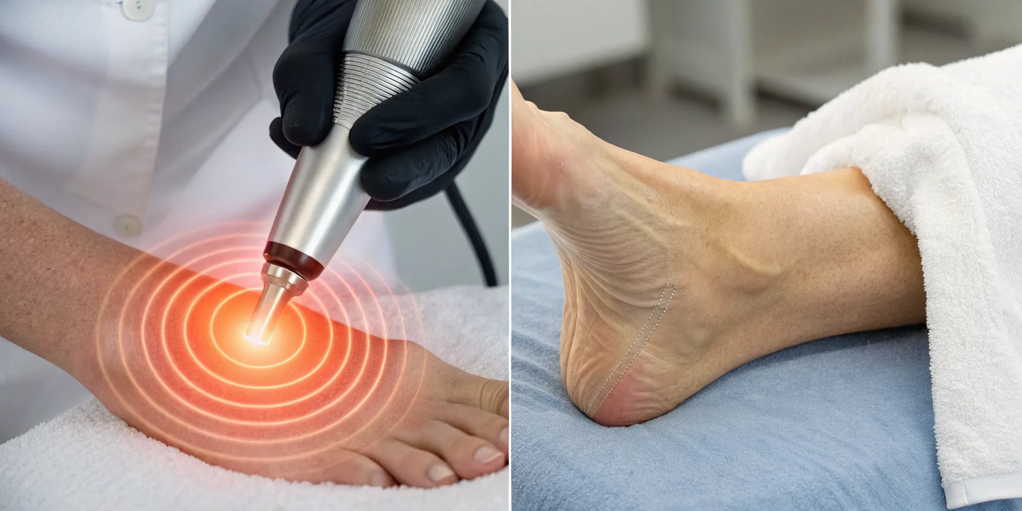 Focused vs radial shockwave therapy device treating pain on a person's foot.