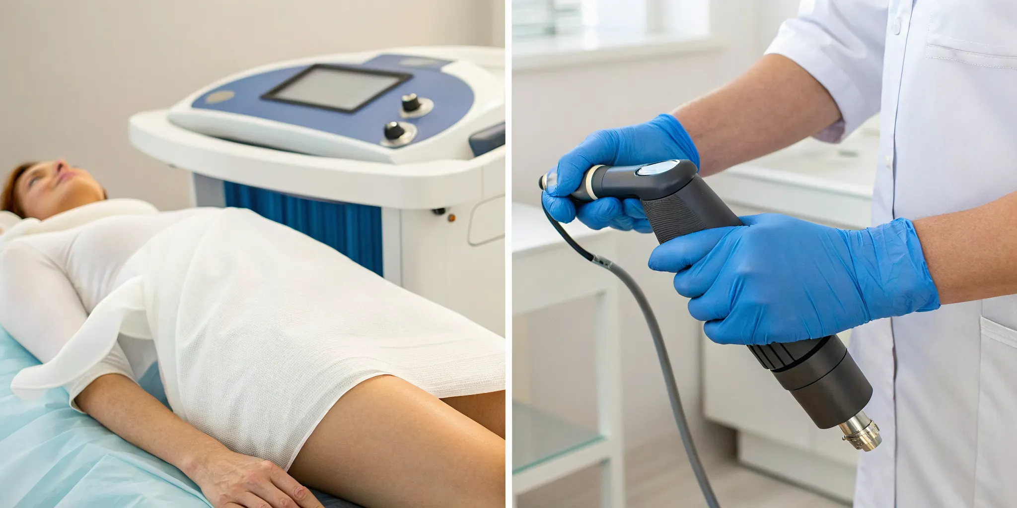 SoftWave vs radial shockwave therapy devices treating a patient.