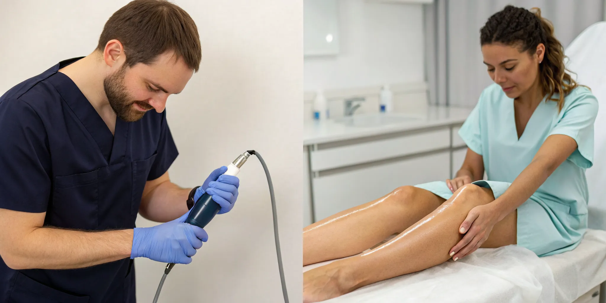 Practitioner administers therapy to a patient's leg in a comparison of ESWT vs SoftWave.