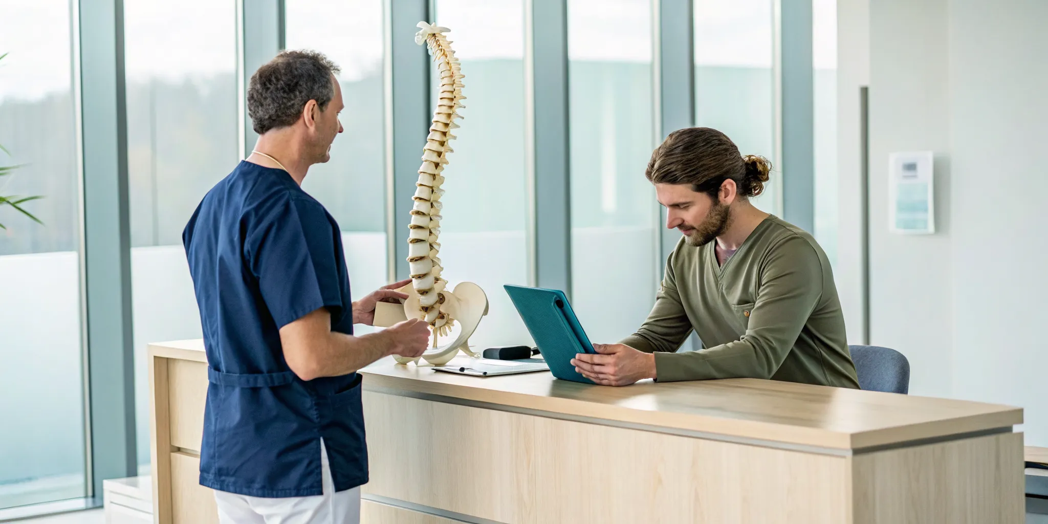 Chiropractor uses a spine model to explain what chiropractic services are FSA eligible.
