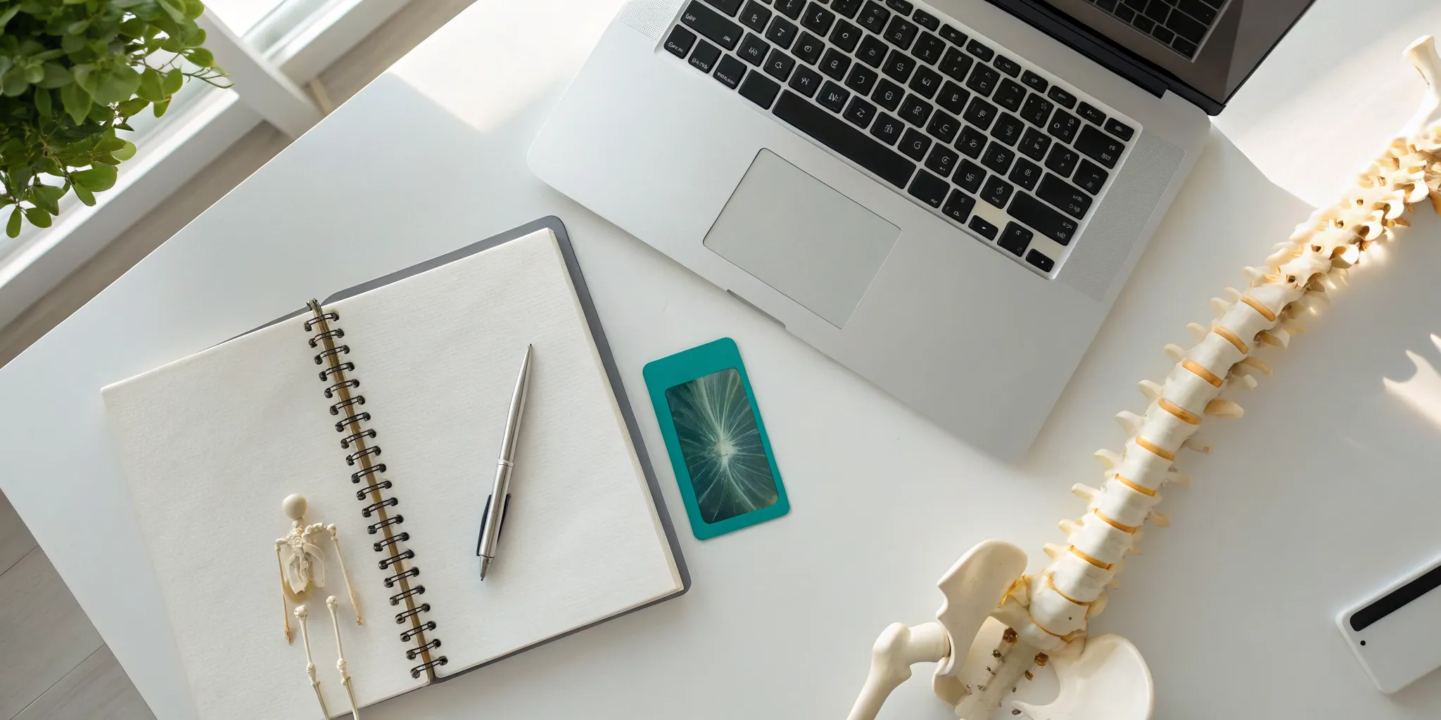 A desk with a spine model and laptop for planning FSA reimbursement for chiropractic care.