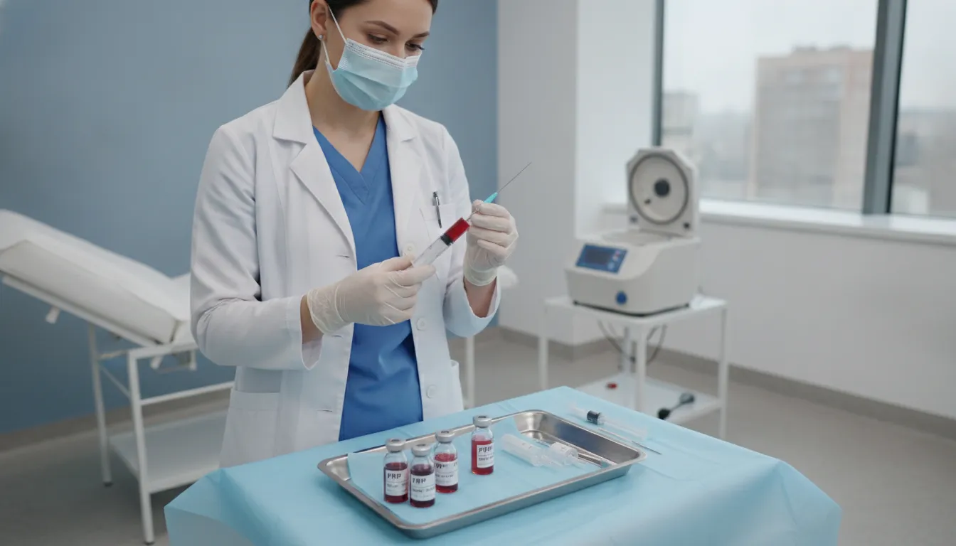 Medical professional preparing PRP injection for joint pain treatment in a clean clinical setting