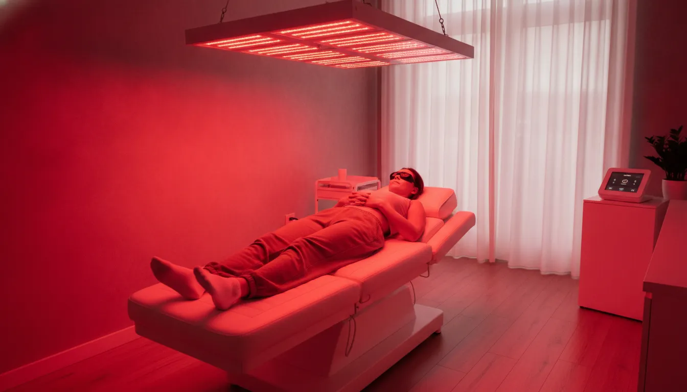 Patient relaxing under clinical red and near-infrared light therapy panels in a professional medical setting