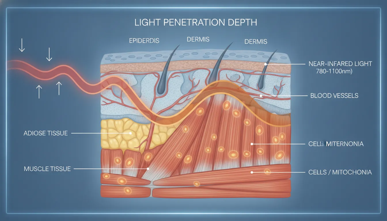 Diagram showing red and near-infrared light wavelengths penetrating human skin to reach muscle tissue for cellular photobiomodulation