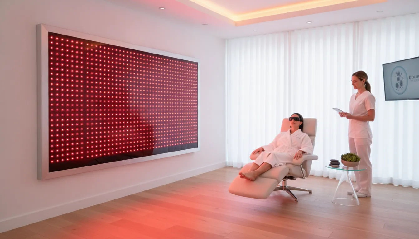 Clinical red light therapy panel setup in a medical treatment room