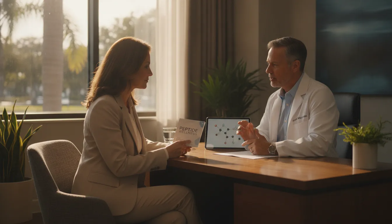 Patient consulting with a functional medicine doctor about peptide therapy options in a Tampa clinic