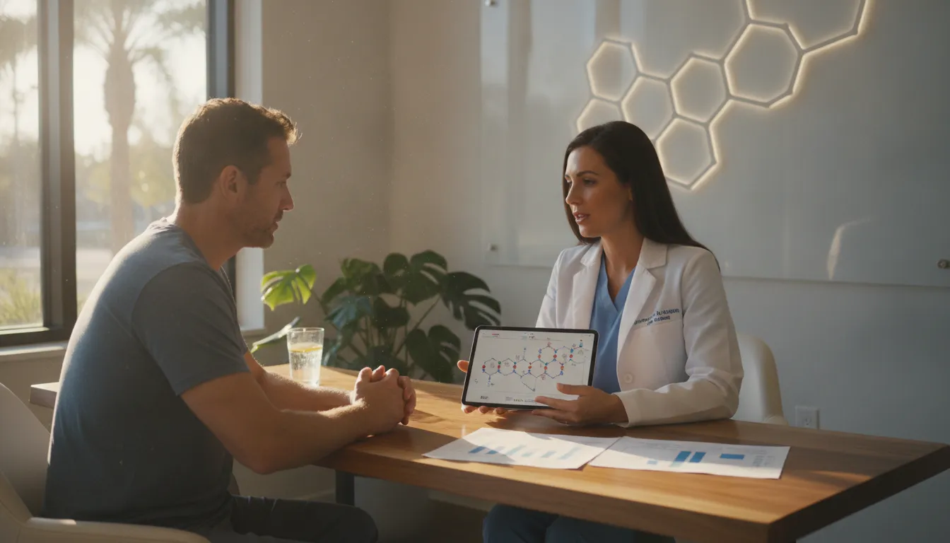 Functional medicine physician reviewing peptide therapy lab results with a patient in a modern Tampa clinic