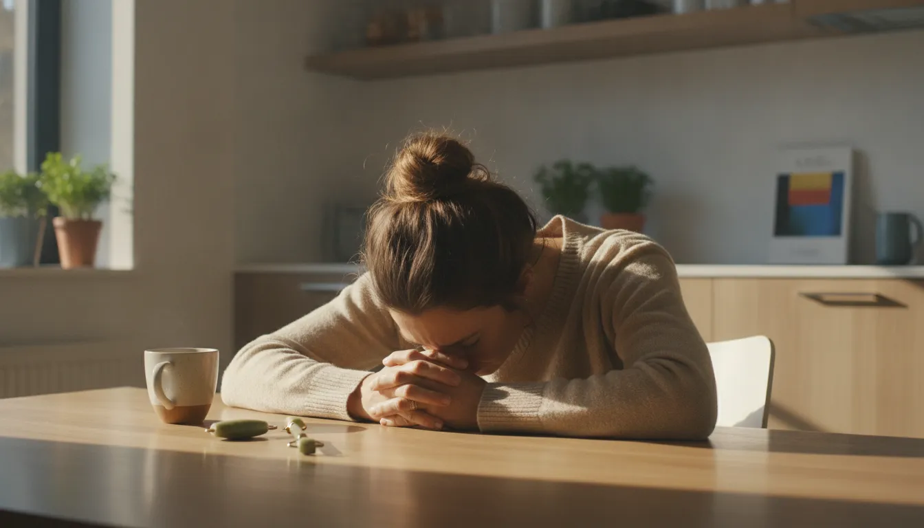 Person resting head in hands at kitchen table, morning light, exhausted but seeking answers