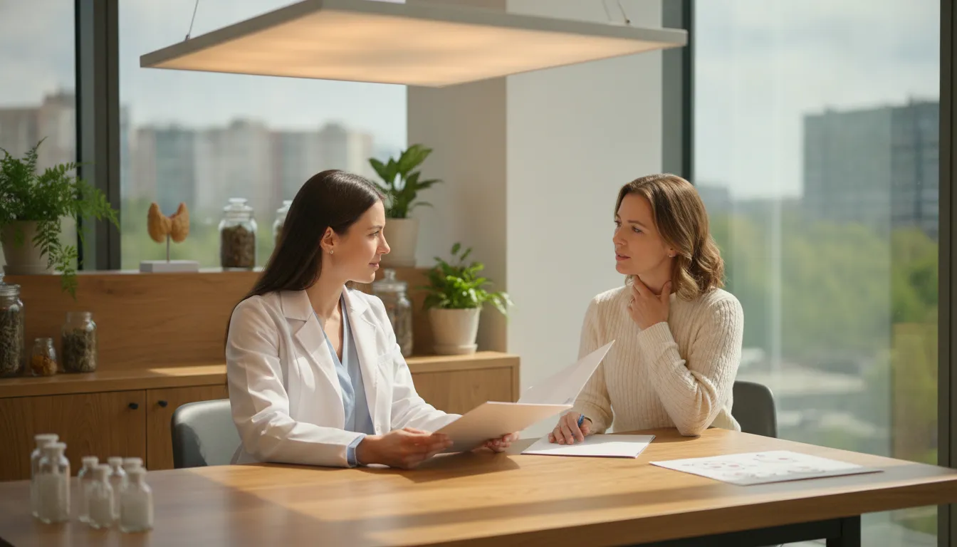 Functional medicine doctor consulting with a patient about thyroid health in a bright clinic