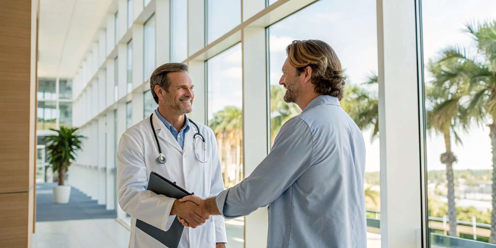 A Tampa functional medicine doctor welcomes a new patient with a handshake.