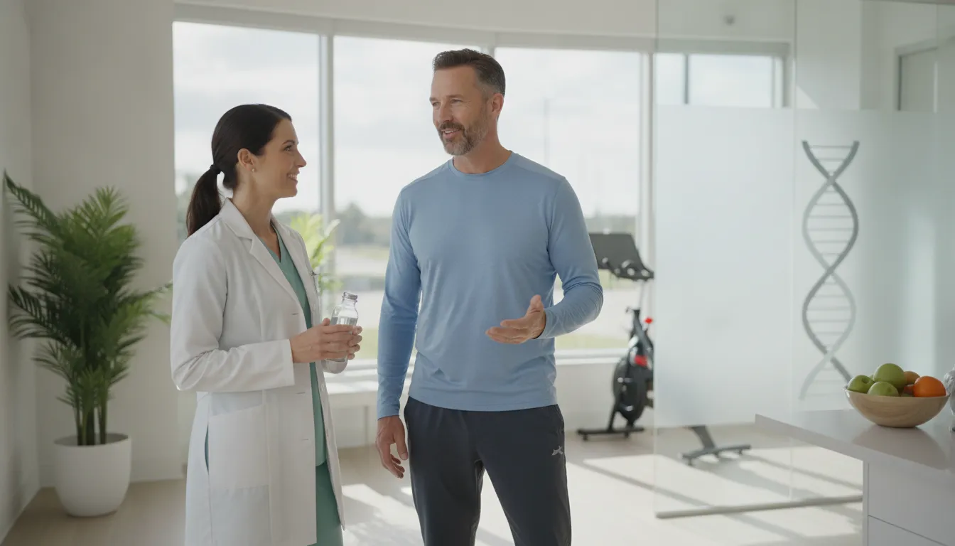 Man in his mid-40s talking with a clinician about hormone health in a bright wellness clinic